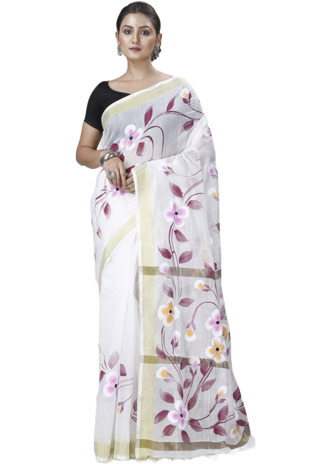 Cream Blended Cotton Tonika Hand Painted Saree (1218)